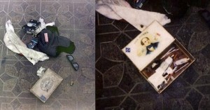 En la primera fotografía, se muestra una caja cerrada junto a dinero en efectivo, un paquete de cigarrillos y una billetera que parece mostrar una identificación de Cobain. En la otra se observa la caja abierta con objetos para consumo de drogas, una cuchara y lo que parecen agujas de jeringa en el piso junto a medio cigarrillo y unas gafas de sol.