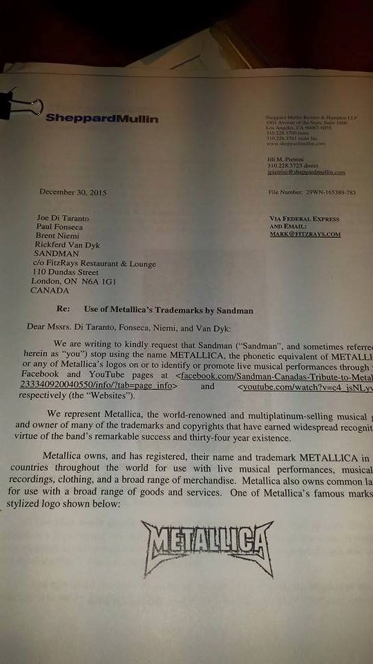 Carta recibida por Sandman de parte de abogados de Metallica.